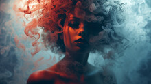Mysterious Woman In Smoke With Beautiful Hair Portrait, Crimson Red Hair Blue Smoke, High Fashion Model