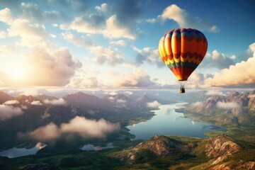 Aufkleber - A breathtaking view of a hot air balloon soaring gracefully over a majestic mountain range. Perfect for adventure, travel, and exploration themes.