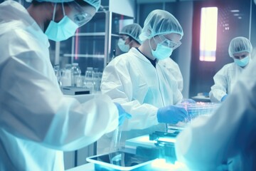 Aufkleber - A group of people working together in a laboratory, conducting experiments. This image can be used to showcase teamwork, scientific research, or education in various contexts.