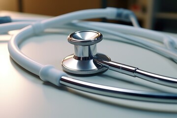 Poster - A stethoscope resting on a table. Suitable for medical or healthcare-related designs.
