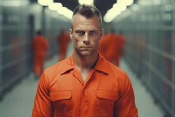 Poster - A man wearing an orange prison uniform stands in a hallway. This image can be used to depict concepts of incarceration, justice, or criminal justice system.