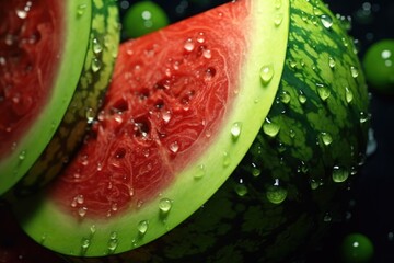 Poster - A close up of a sliced watermelon with refreshing water droplets. Perfect for summer-themed projects and healthy lifestyle concepts.