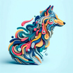  a wolf, minimalistic colorful organic forms, energy, assembled, layered, depth, alive vibrant, 3D, abstract, on a light blue background. Generative AI.