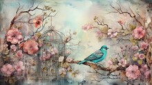  A Painting Of A Bird Sitting On A Branch With A Cage.  Generative Ai
