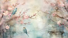  A Painting Of Two Birds Sitting On A Branch Next To A Birdcage.  Generative Ai