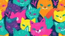  A Group Of Colorful Cats With Different Colored Eyes And Whiskers.  Generative Ai