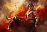 Brave Bullfighter man fight bull. Brave horn. Generate Ai