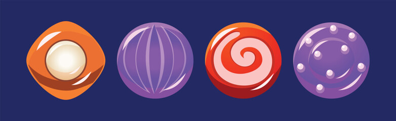 Poster - colorful glossy sweets and candy of round shape vector set