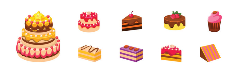 Poster - Baked Cake and Sweet Dessert with Decoration Vector Set