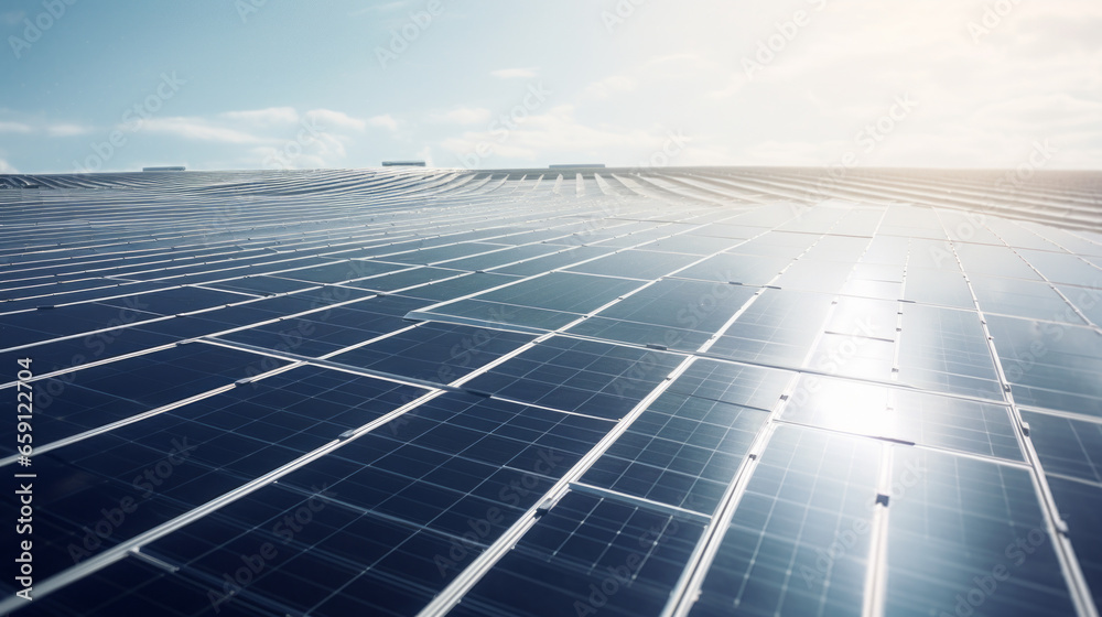 An expansive solar power plant with rows of photovoltaic panels ...