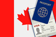 Visa to Canada and Passport. Canadian Flag Background. Vector illustration