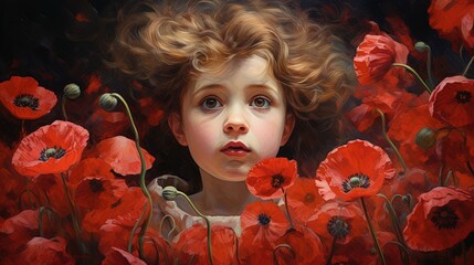 Sticker -  a painting of a young girl surrounded by red poppies.  generative ai