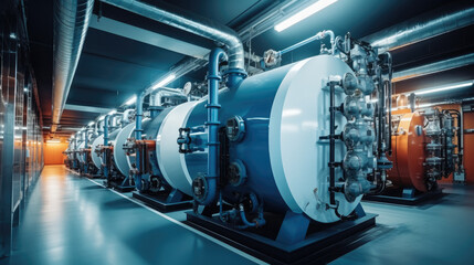 Poster - Boiler room for steam production of factory industrial, Large metal tanks and pipes, Heat generation industry.