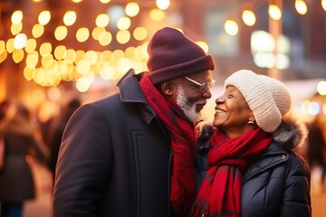 Wall Mural - Happy African American couple kissing at Christmas street fair. Festive city with glowing garlands