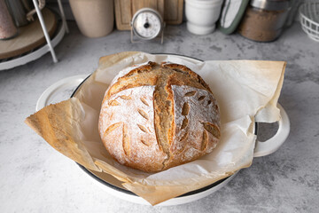 The sourdough bread or artisan bread in the Dutch oven pan. Healthy breakfast bread. Natural yeast fermentation for bakery and baking pastry.