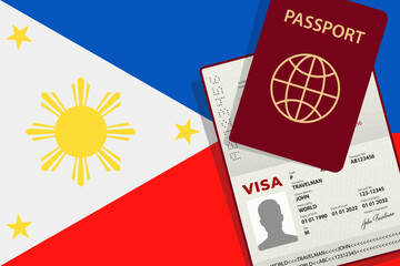 Visa to Philippines and Passport. Philippine Flag Background. Vector illustration