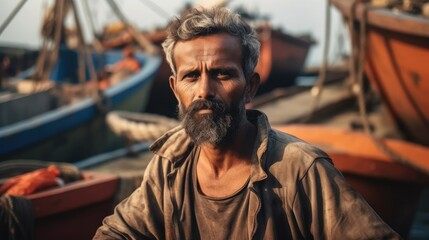 Wall Mural - Man working on commercial fishing vessel, Seafood industry.