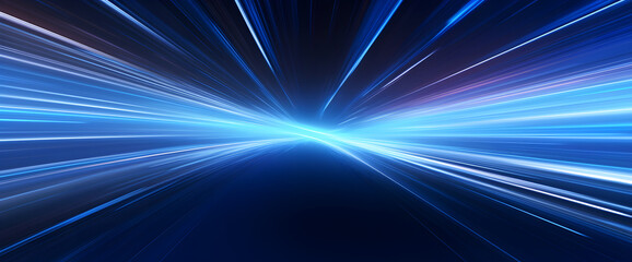 Wall Mural - High-speed motion blur light trails on a dark blue background, symbolizing futuristic travel, technological progress, and the speed of light in an abstract