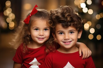 Two cute kids boy and girl in red sweatshirts on blurry Christmas background.