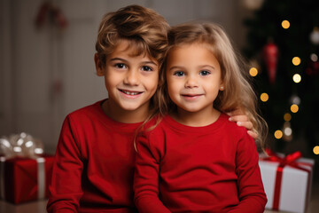 Two cute kids boy and girl in red sweatshirts on blurry Christmas background.