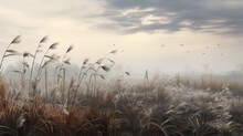  A Field With Tall Grass And Birds Flying In The Sky.  Generative Ai