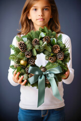 Wall Mural - Young girl holding a handmade Christmas wreath