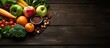 Nutritious food options with low glycemic index including fresh produce whole grains legumes and nuts on a wooden background with space for copy