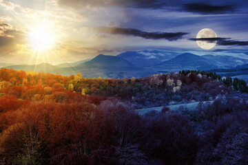 Wall Mural - autumn landscape with sun and moon at twilight. forest in the mountains covered with red and yellow 