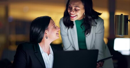 Canvas Print - Laptop, tablet and collaboration with business people at night in the office together for teamwork. Technology, smile and a happy employee team of women working on a project or report in the evening