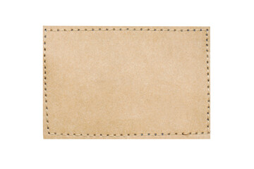 brown suede belt strap closeup isolated on white. brown stitched leather seam frame label tag. empty