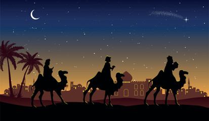 Wall Mural - Christmas Nativity Scene: Three Wise Men go to Bethlehem in the desert at night.