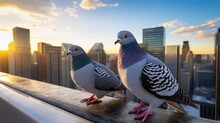 Feathered Friends In The City: Pigeons Cuddle On A Rooftop Railing. Discover The Heartwarming Moments Of Urban Birdlife