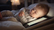 Digital Beginnings: Newborn Asleep by the Glowing Tablet, a Symbol of Generation Alpha