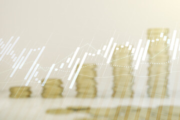 Poster - Double exposure of abstract creative financial chart hologram on growing stacks of coins background, research and strategy concept