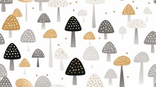 A Group Of Different Colored Mushrooms On A White Background With Gold Dots.  Generative Ai