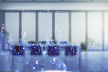 Poster - Multi exposure of stats data illustration on a modern conference room background, computing and analytics concept
