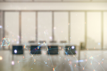 Poster - Double exposure of abstract virtual technology hologram on a modern meeting room background. Research and development software concept