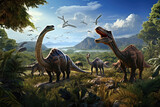Fototapeta  - Dinosaurs in the Triassic period age in the green grass land and blue sky background, Habitat of dinosaur, history of world concept.