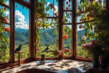 A Beautiful Day With Birds, Chance Window, Fantastic And Wonderful Landscape - AI Generative