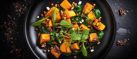 Top view of a pumpkin salad on a black plate with spinach and walnuts placed on a stone backdrop