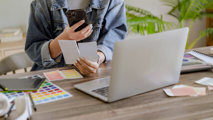 Leinwandbilder - Graphic designer work with Color swatch samples Graphic Skill Concept. drawing sketches on graphic tablet