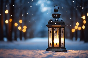 Christmas decoration with a lantern in the snow in a winter park with beautiful bokeh,ai generated