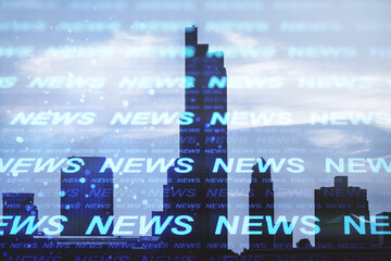 Aufkleber - Creative hi-tech news hologram on blurry city background. Television and digital communication concept. Double exposure.