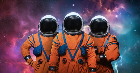 Poster - Group of astronauts in space background. Astronaut crew in space. Spaceman mission. Elements of this image furnished by NASA