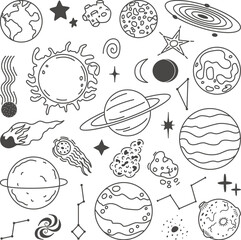 Sticker - doodle planets, space sketch planet and stars. astronomy icons, abstract sun, moon and earth. solar 