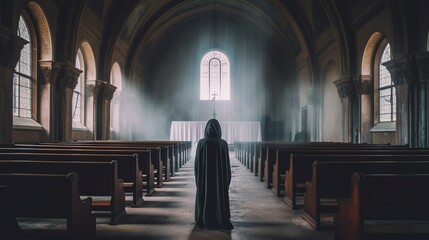 Canvas Print - illustration, hooded in the cloudy church