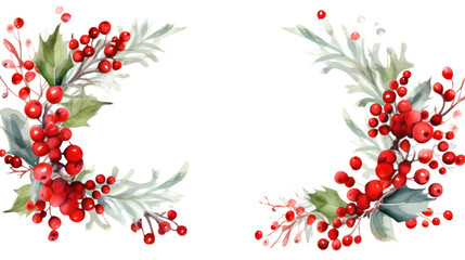 Poster - Festive watercolor Christmas wreath with red berries and a frame.