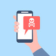 © LadadikArt - Virus alert on smartphone screen in male hand. Alert notification about spam message or scammer. Unsafe, digital online scam, recent vector concept