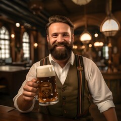 Wall Mural - a man is holding a large glass of beer at a restaurants