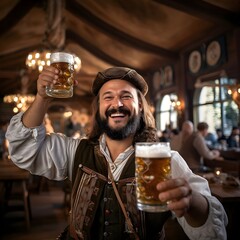 Wall Mural - a man is holding a large glass of beer at a restaurants